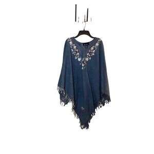 VTG Denim & Co M Boho Fringed Denim poncho With Embroidery Floral cape